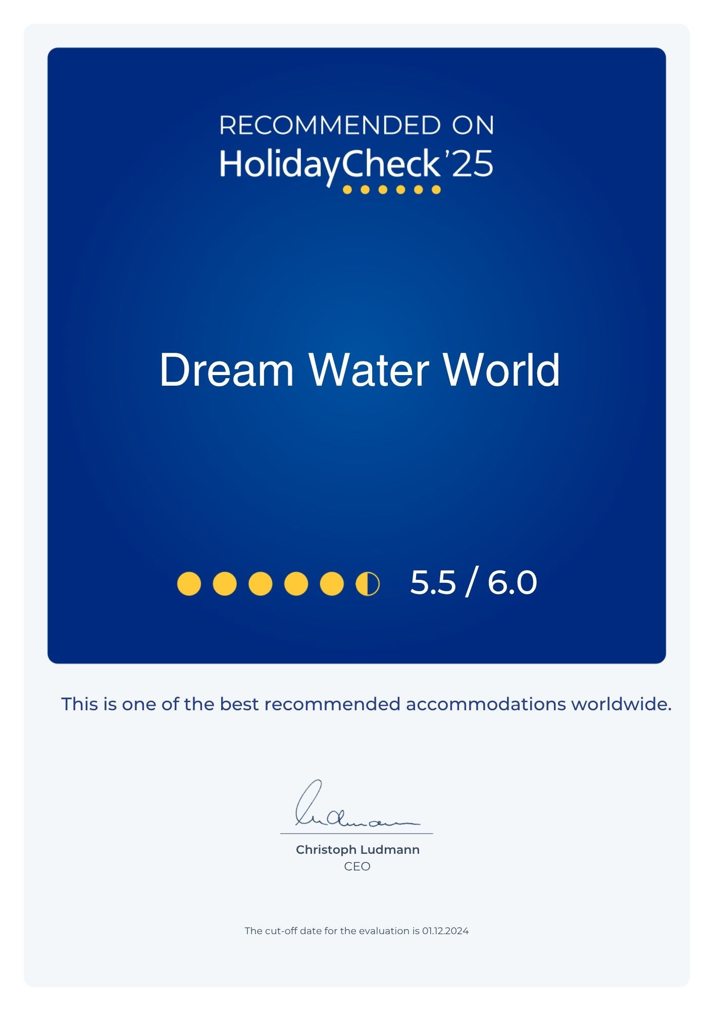 Recommended on HolidayCheck'25 Zertifikat