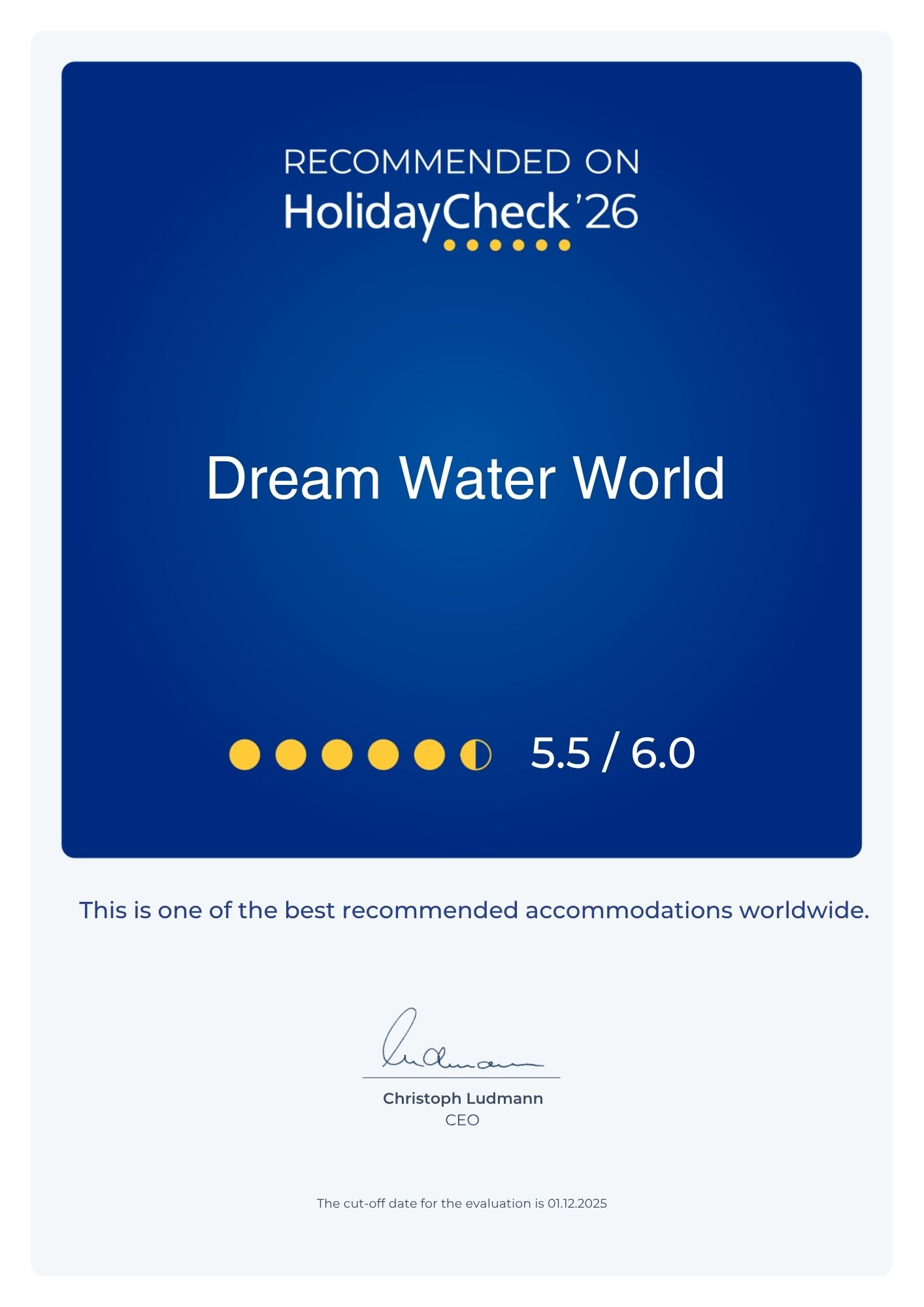 Recommended on HolidayCheck'26 Zertifikat