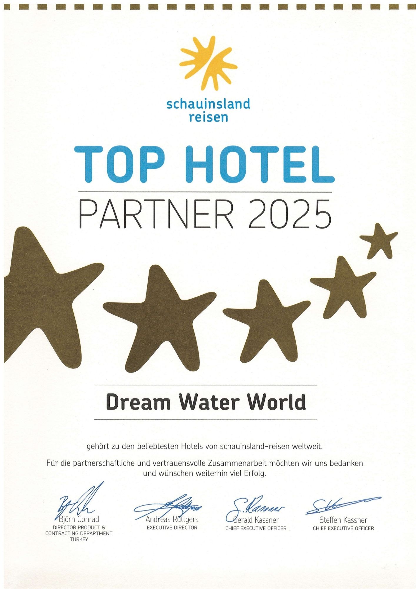 Schauinsland Reisen Top Hotel Partner 2025 Zertifikat